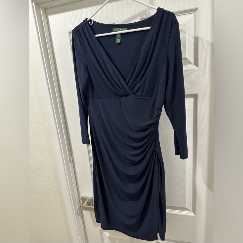 Ralph Lauren Navy Ruched Wrap Dress V-Neck Long Sleeve